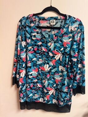 Anne Klein Teal & Pink Floral Scoop-Neck Long Sleeve Top